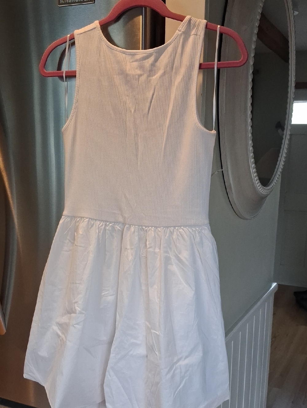 Leith White Ribbed Sleeveless Dress with Gathered Skirt